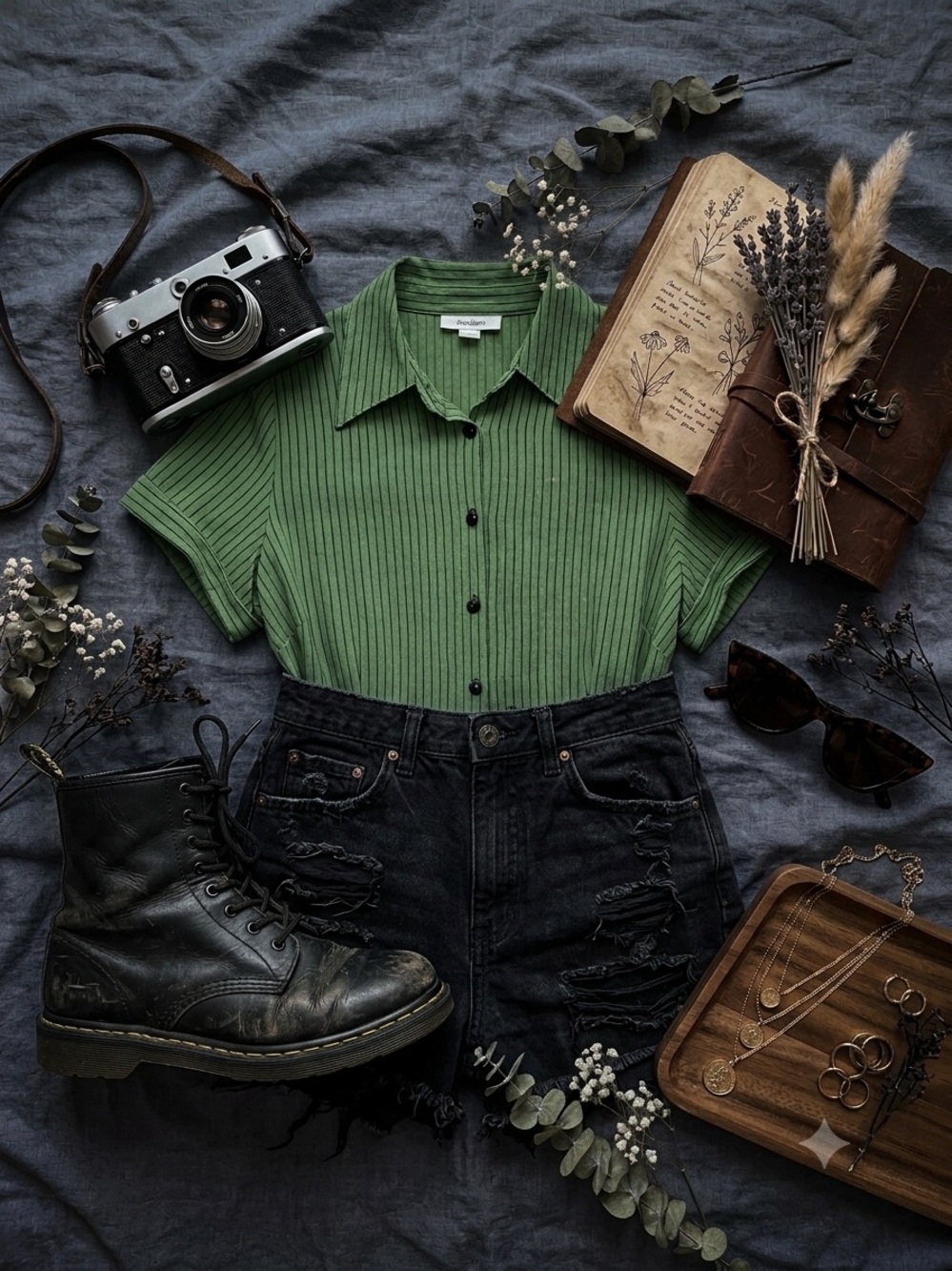 Green Ribbed Button-Up Shirt
